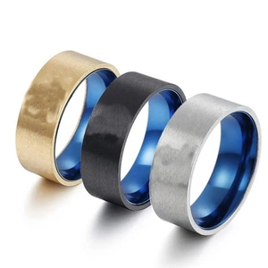 Men's matte brushed titanium steel rings set with vibrant blue electroplated inner band