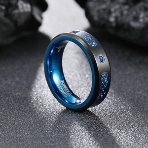 Men's black tungsten carbide ring featuring blue Celtic dragon inlay and round zircon stones