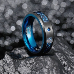 Men's tungsten carbide ring with blue dragon inlay and round zircon on a dark stone