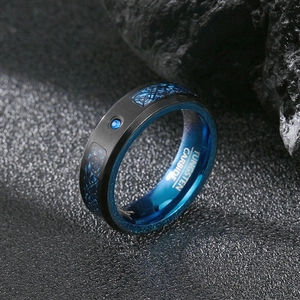 Men's black tungsten carbide ring with blue dragon inlay and polished blue interior