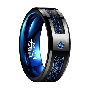Black tungsten carbide ring with blue dragon inlay and zircon gemstone setting