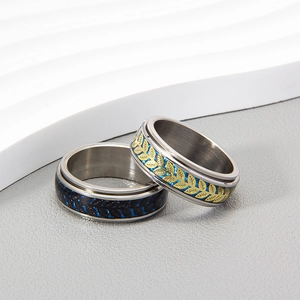 Close-up of rotatable stainless steel rings featuring leaf patterns and blue plating
