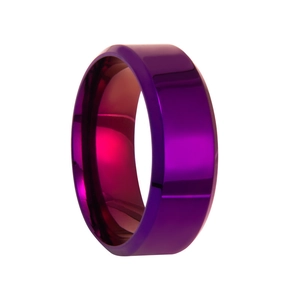 Anillo ancho de acero de titanio morado pulido con bordes biselados y acabado espejo