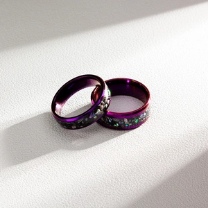 Fashionable titanium steel ring set with galaxy purple inlay and polished metallic finish