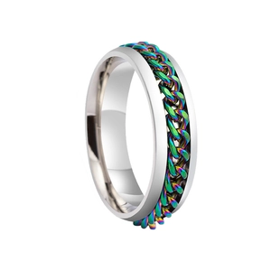 Detail view of 6mm stainless steel spinner ring with rainbow colored rotating chain design