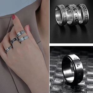4-piece stainless steel spinner ring set for anxiety relief with celestial engravings