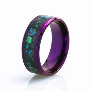 Detail of purple titanium steel ring featuring iridescent abalone shell inlay on white