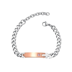 Gourmette cubaine en acier avec plaque croix en or rose et pierre précieuse violette