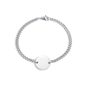 Gourmette minimaliste en acier inoxydable argenté avec une plaque ronde personnalisable