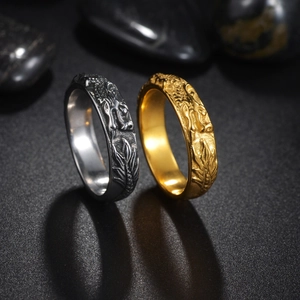 Vintage punk dragon embossed ring in antique silver and matte gold stainless steel