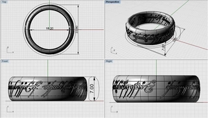 Disegno tecnico CAD di un anello placcato oro da 7mm con testo elfico e misure