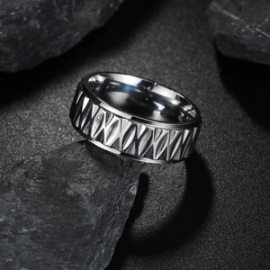 Vintage silver geometric textured metal ring for men with industrial engraved patterns