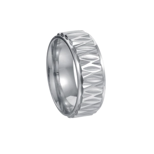 Detail of the geometric diamond-cut pattern on a vintage silver band ring for men
