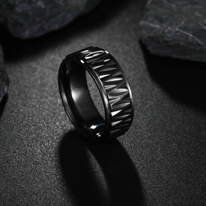 Men's black vintage geometric ring with engraved V-pattern in stainless steel