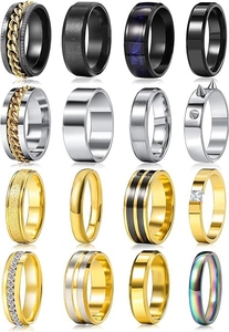 Detailed grid view of 16 assorted stainless steel rings for men in various finishes