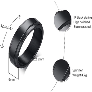 6mm black stainless steel spinner ring with high polished finish and rotating band design