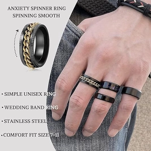 16-piece men's black stainless steel spinner ring set with gold chain anxiety relief feature