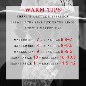 Size chart detail for men's stainless steel rings showing marked versus real ring sizes