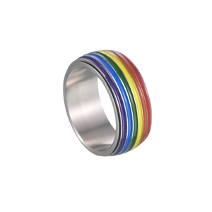 Rotating rainbow enamel stainless steel ring for men and women with polished finish