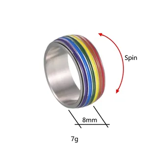 Rainbow spinner ring 8mm width stainless steel anxiety relief band for men and women