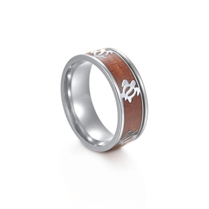 Bague pour homme en acier inoxydable avec incrustation en bois et motifs tortue de mer