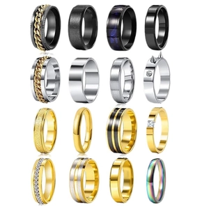 16-piece men's stainless steel ring set in black, gold, silver and rainbow finishes