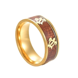 Bague pour homme en acier doré avec incrustation de bois de Koa et tortues marines