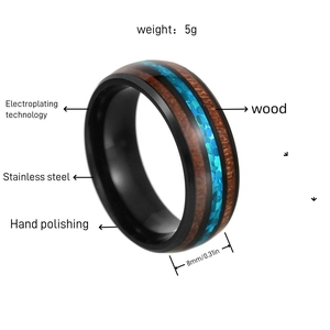 Macro shot of 8mm black stainless steel ring with wood and blue opal inlay detail
