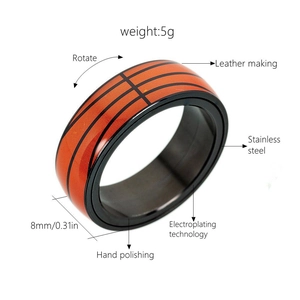 Détail de la bague de basket rotative de 8mm avec texture en cuir orange et acier poli