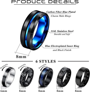 Detail of 316L stainless steel rings featuring blue carbon fiber and rotatable band