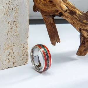 Mens silver tungsten ring featuring wood inlay with red stone and opal resin accents