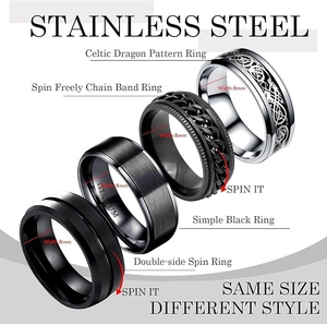 Set of 4 men's 8mm titanium steel rings featuring black and silver spinner designs