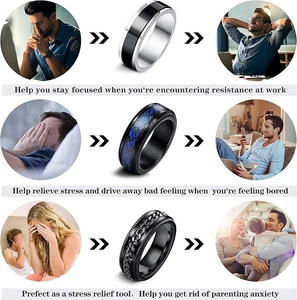 Business style 6-piece fidget spinner ring set in silver black and blue dragon patterns