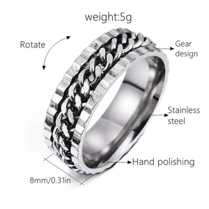 Detail view of 8mm stainless steel spinner ring with rotatable gear and chain design