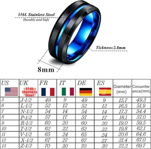 Size chart for 8mm black and blue 316L stainless steel spinner rings for men