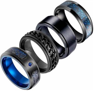 Bagues pour Hommes en Acier Titane Vintage Motif Dragon Celtique Strass Bleu Incrusté Chaîne Tournante Surface Brossée Bijoux Punk