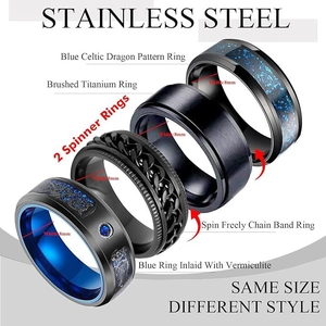 Lot de 4 bagues pour hommes en acier inoxydable 8mm avec dragon celtique bleu et anneau rotatif