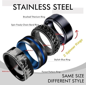 Set of four 8mm vintage stainless steel rings for men with rotating chains and forest etching