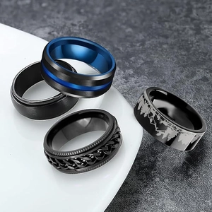 Vintage retro titanium steel men's ring set with chain and laser-engraved forest patterns