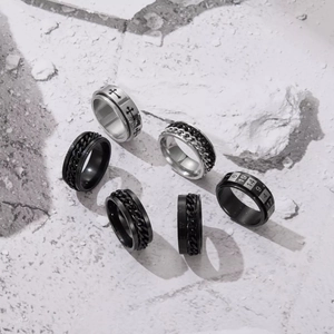 Men Titanium Steel Spinner Rings Set Rotating Anxiety Relief Band Rings Punk Street Style Roman Numeral Cross Chain Rings