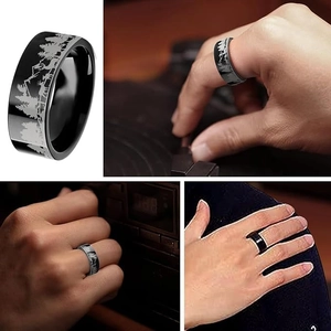 Men's vintage black stainless steel ring featuring laser engraved forest and deer scenes