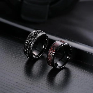 Mens black stainless steel spinner chain ring and red dragon carbon fiber inlay ring