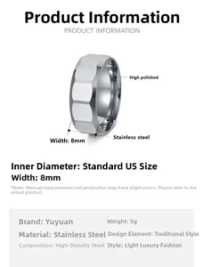 Detail view of 8mm faceted stainless steel ring featuring brushed finish and polished interior