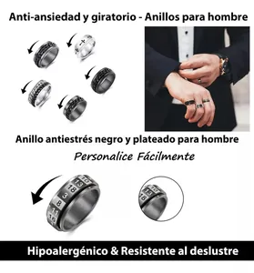 Macro view of rotating anti-anxiety titanium steel ring showing chain and roman details