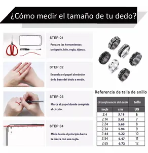Size guide for men's spinner rings including measuring steps and US size chart