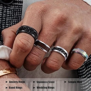 Close-up of men wearing various stainless steel rings with wood inlay and chain details