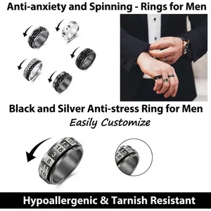 Rotating stainless steel anxiety rings for men in black and silver finishes