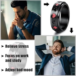 Men's black stainless steel fidget spinner ring with red and black playing card suits