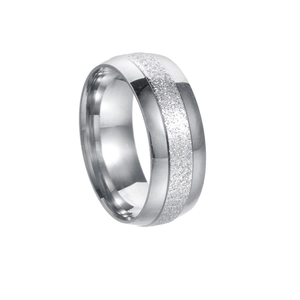 Macro detail of 8mm silver wedding band showing frosted texture and polished edges