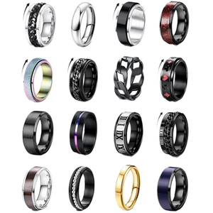 16-piece set of men's stainless steel rings in various styles including chain and carved designs